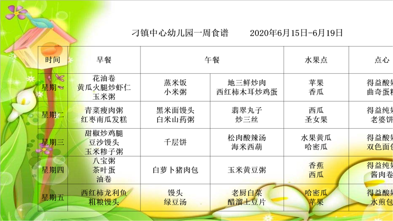 刁镇中心幼儿园一周食谱2020.6.15日至6.19